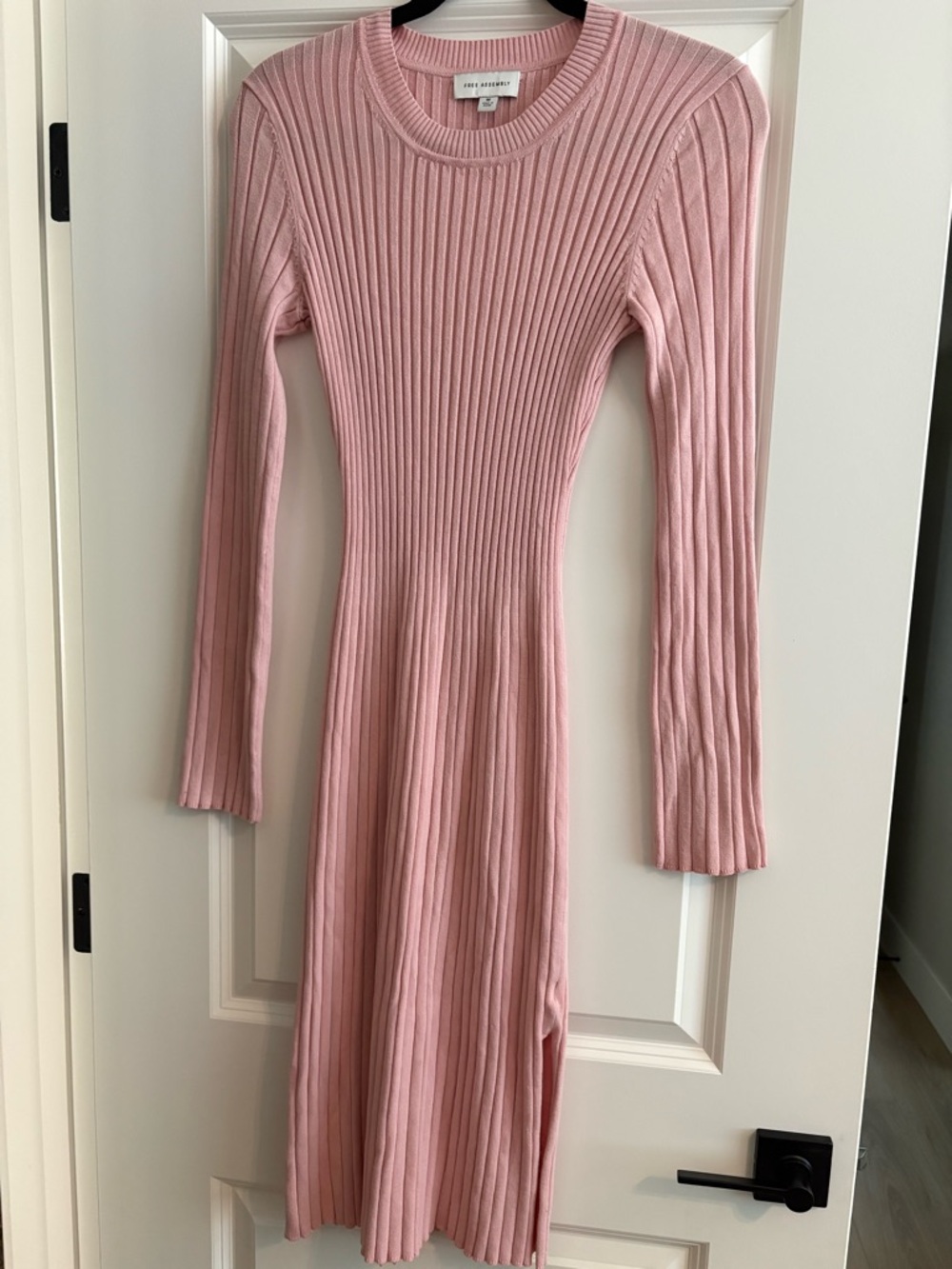 Ribbed Long-Sleeve Knit Midi Dress in Blush Pink